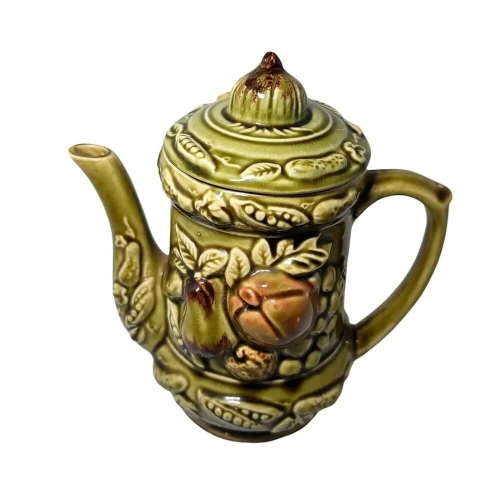 Vintage Ceramic Olive Green Teapot Fruit Veggies Decor Made in Japan‎